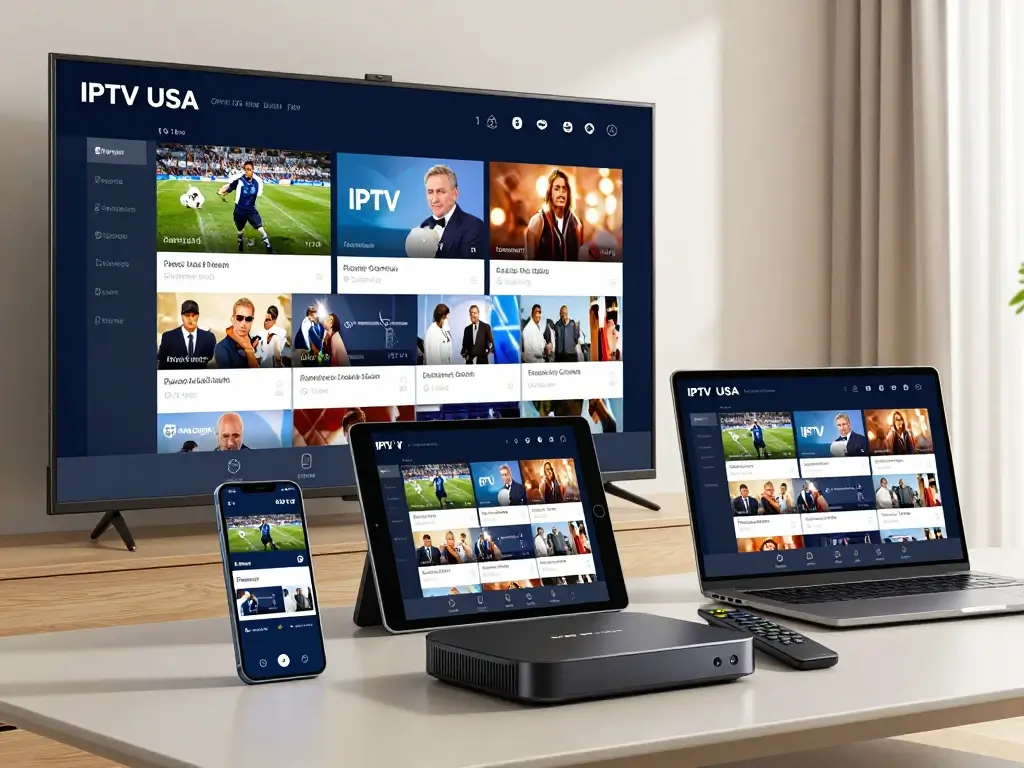 Devices compatible with IPTV USA streaming services including smart TV, phone, tablet and streaming device