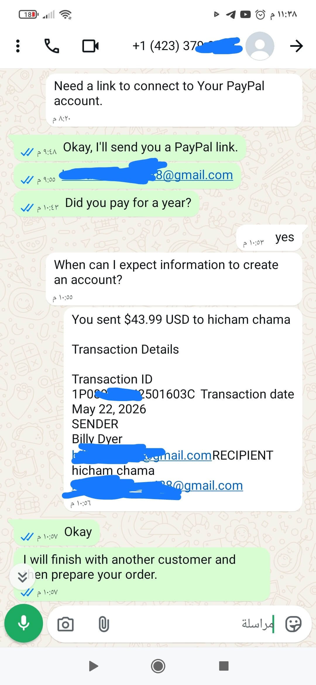 WhatsApp screenshot showing IPTV subscription confirmation